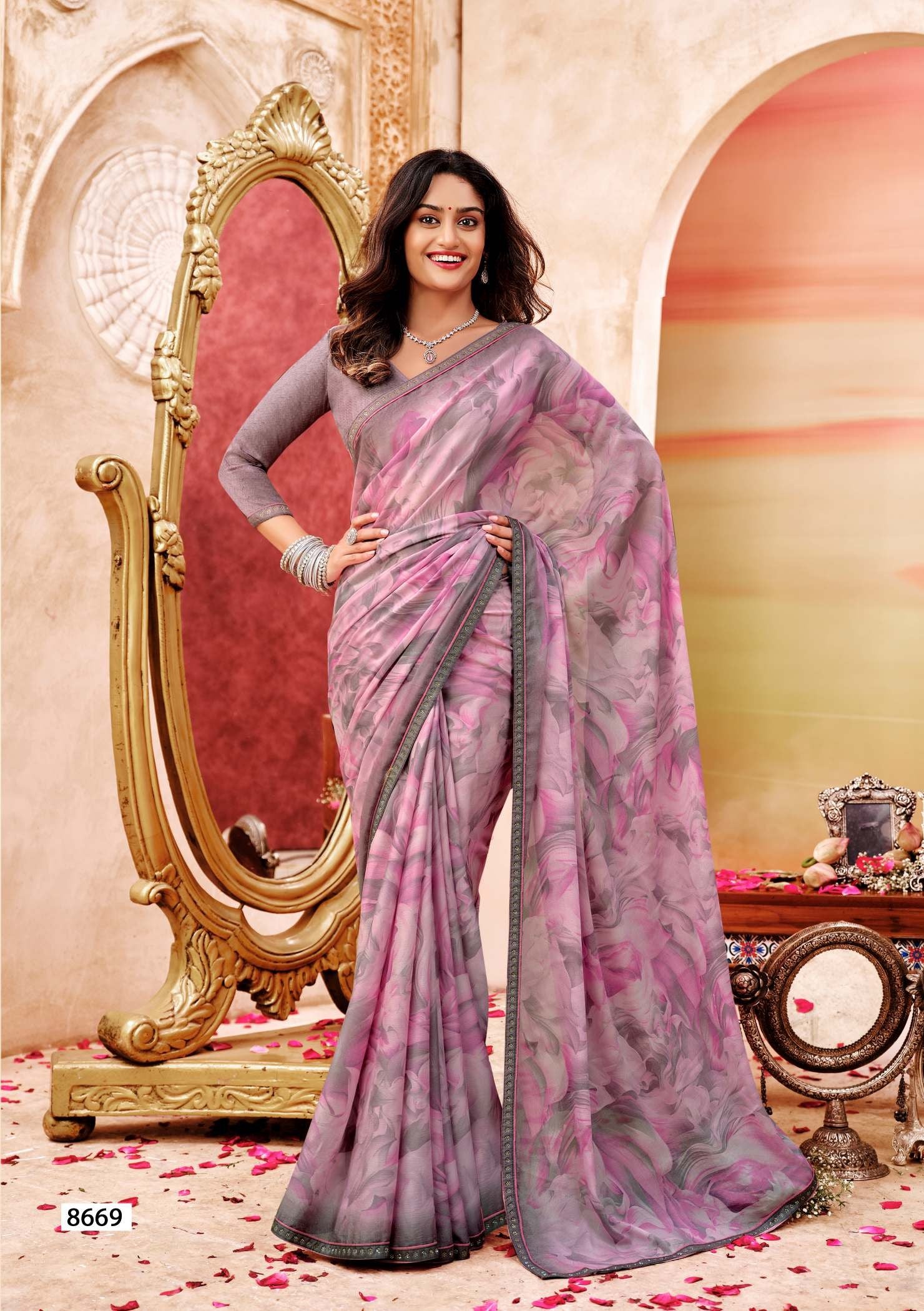 Krishnaleela Saffron Floral Printed Saree – 8 Pcs Set – M.R. Saree Emporium