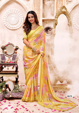 Krishnaleela Saffron Floral Printed Saree – 8 Pcs Set – M.R. Saree Emporium