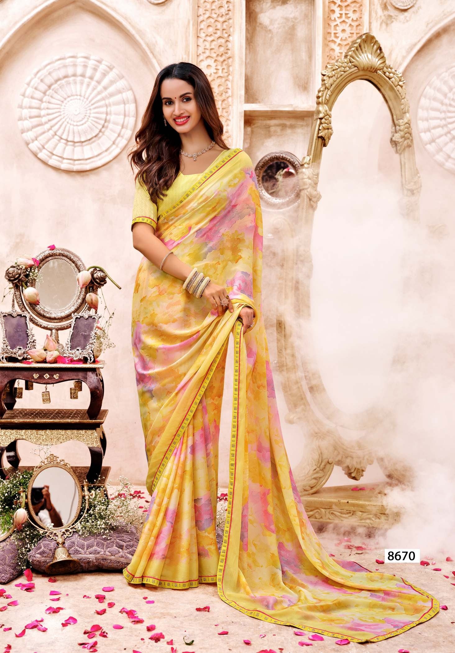 Krishnaleela Saffron Floral Printed Saree – 8 Pcs Set – M.R. Saree Emporium