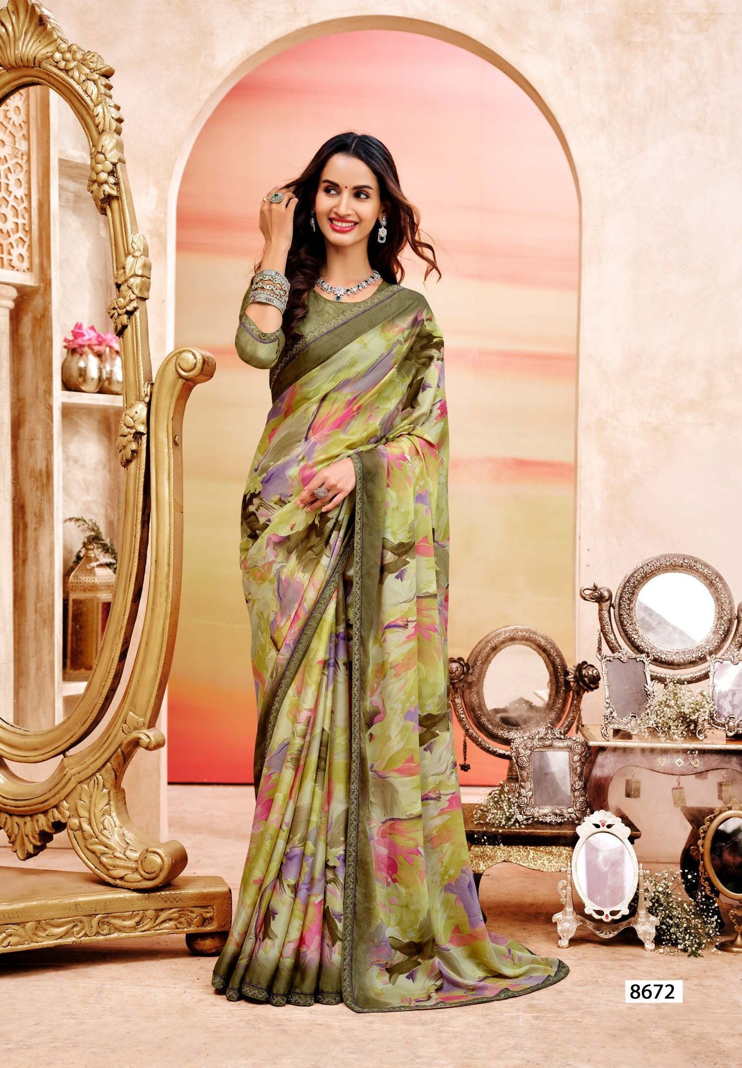 Krishnaleela Saffron Floral Printed Saree – 8 Pcs Set – M.R. Saree Emporium