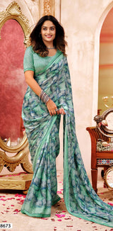 Krishnaleela Saffron Floral Printed Saree – 8 Pcs Set – M.R. Saree Emporium
