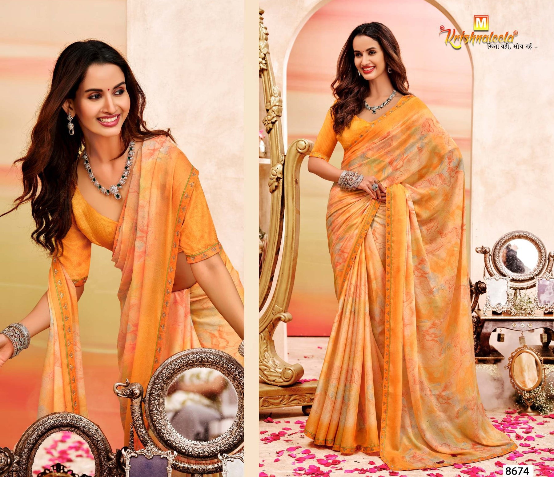 Krishnaleela Saffron Floral Printed Saree – 8 Pcs Set – M.R. Saree Emporium