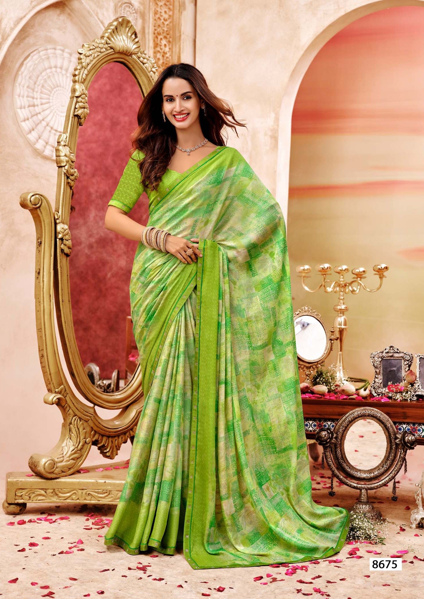 Krishnaleela Saffron Floral Printed Saree – 8 Pcs Set – M.R. Saree Emporium