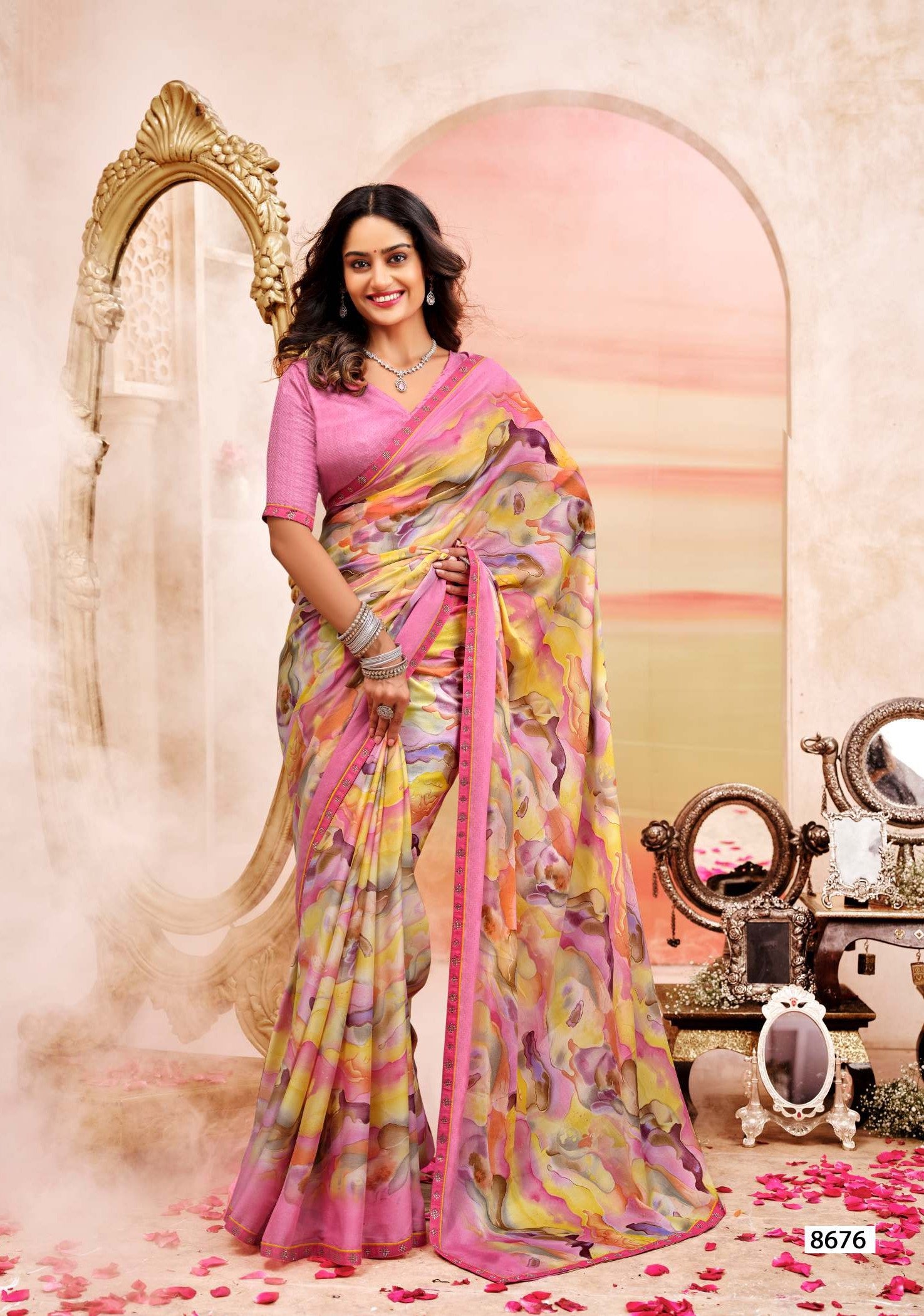 Krishnaleela Saffron Floral Printed Saree – 8 Pcs Set – M.R. Saree Emporium