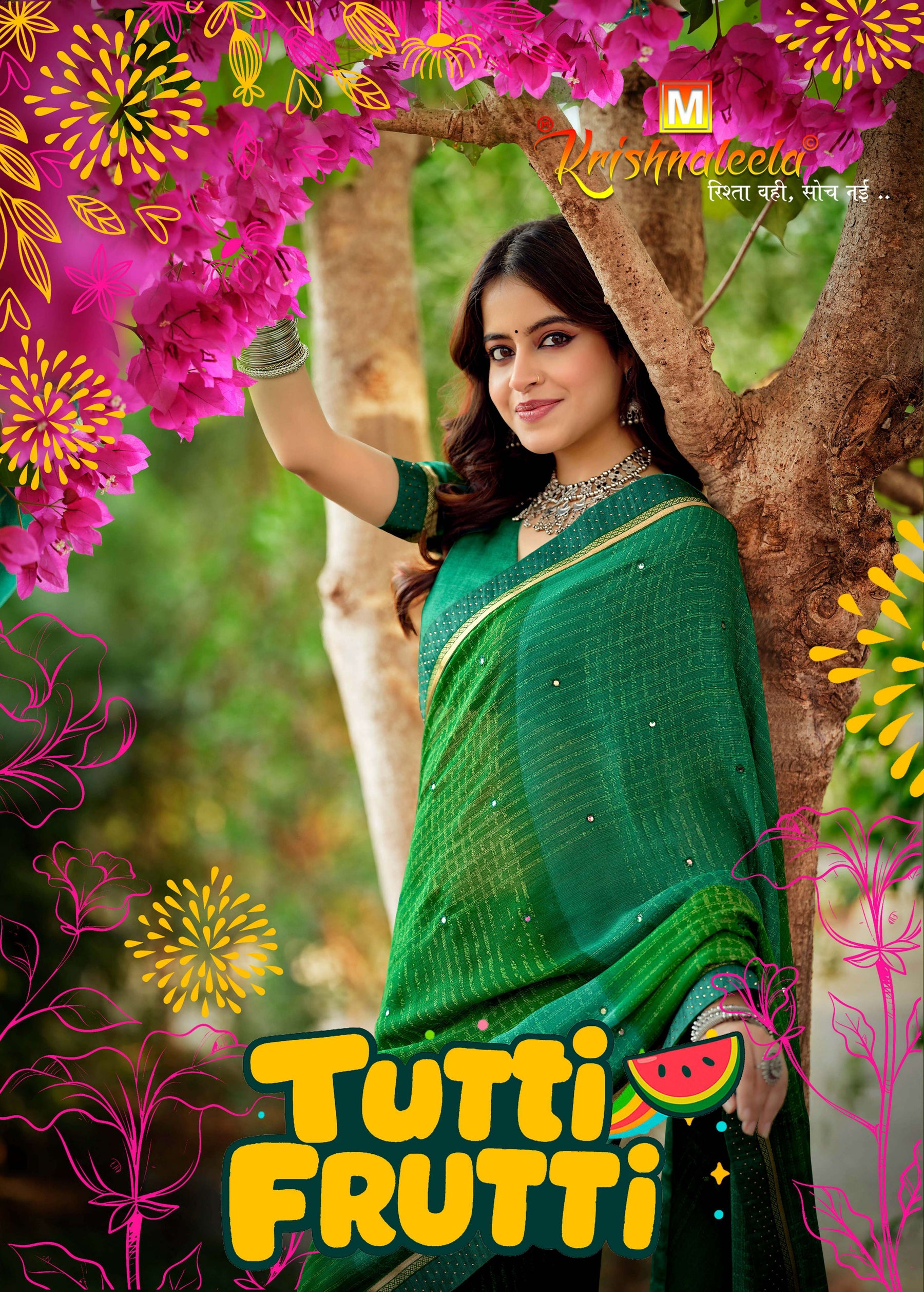 Krishnaleela Tutti Frutti Fancy Saree with Trendy Look – 8 Pcs Set-M.R. Saree Emporium