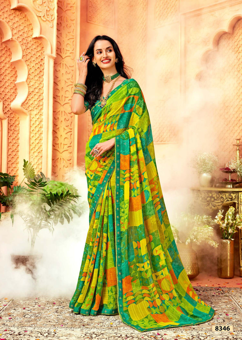 Krishnaleela Vishakha Georgette Fancy Print Saree – 8 Pcs Set  M.R. Saree Emporium