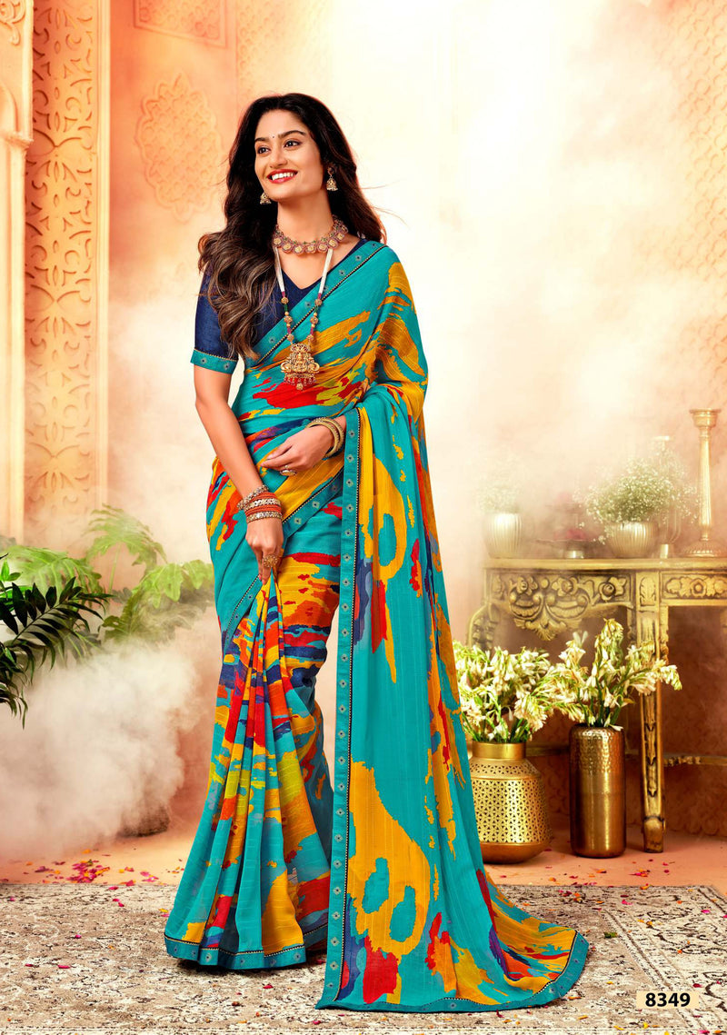 Krishnaleela Vishakha Georgette Fancy Print Saree – 8 Pcs Set  M.R. Saree Emporium