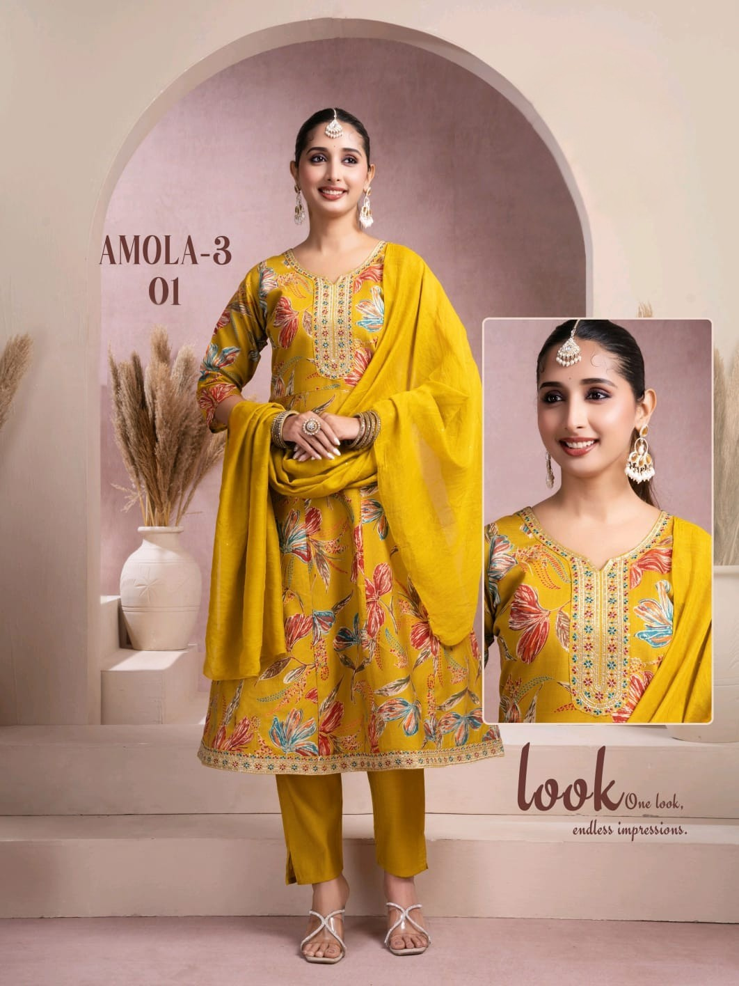 Amola 3 Fancy Fabric 3 Pcs Kurti Set (Kurti + Bottom + Dupatta) 6 Pcs Set-M.R. Saree Emporium