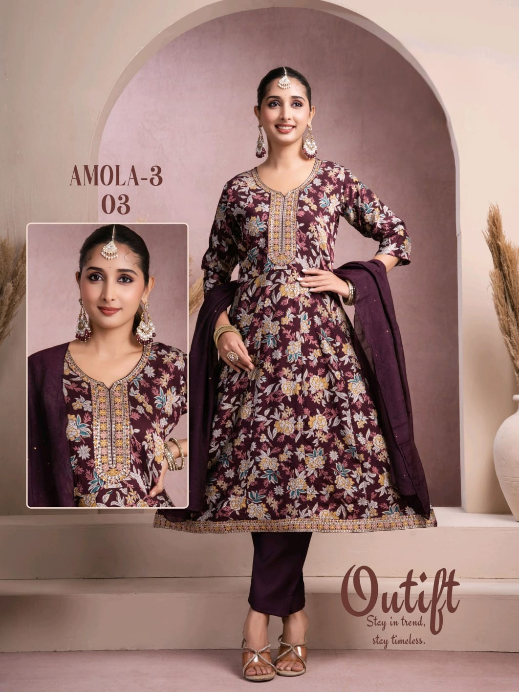 Amola 3 Fancy Fabric 3 Pcs Kurti Set (Kurti + Bottom + Dupatta) 6 Pcs Set-M.R. Saree Emporium