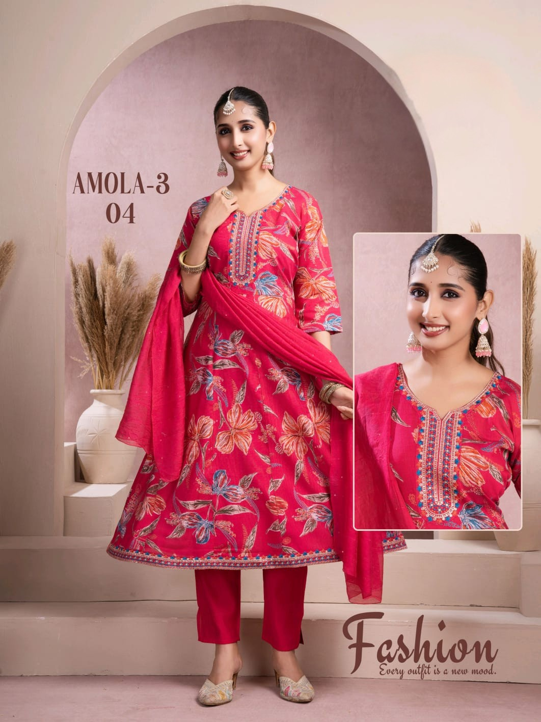 Amola 3 Fancy Fabric 3 Pcs Kurti Set (Kurti + Bottom + Dupatta) 6 Pcs Set-M.R. Saree Emporium