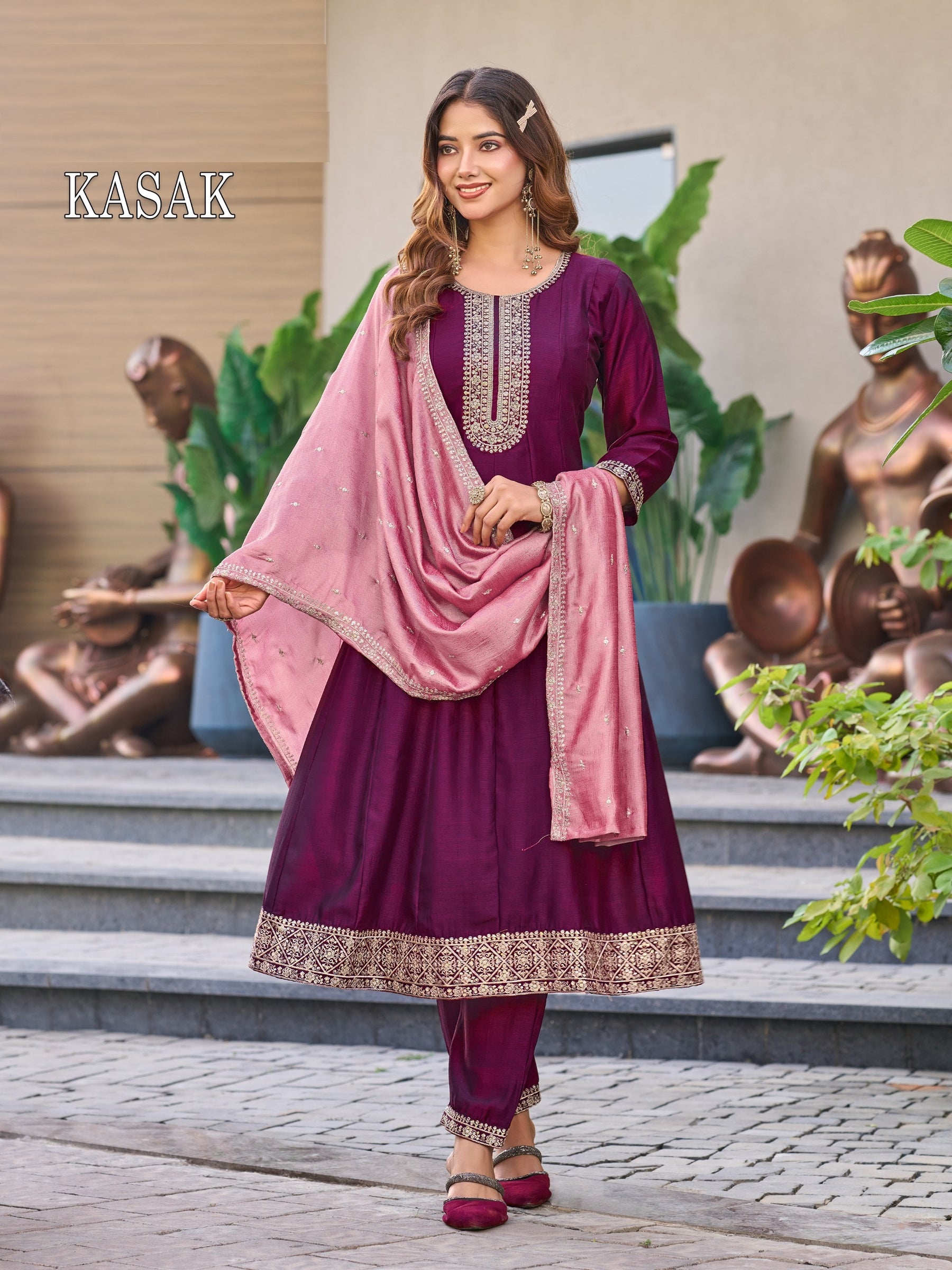 Kasak Flared Style 3 Pcs Kurti Set (Kurti + Bottom + Dupatta) – Vichitra Silk -M.R. Saree Emporium