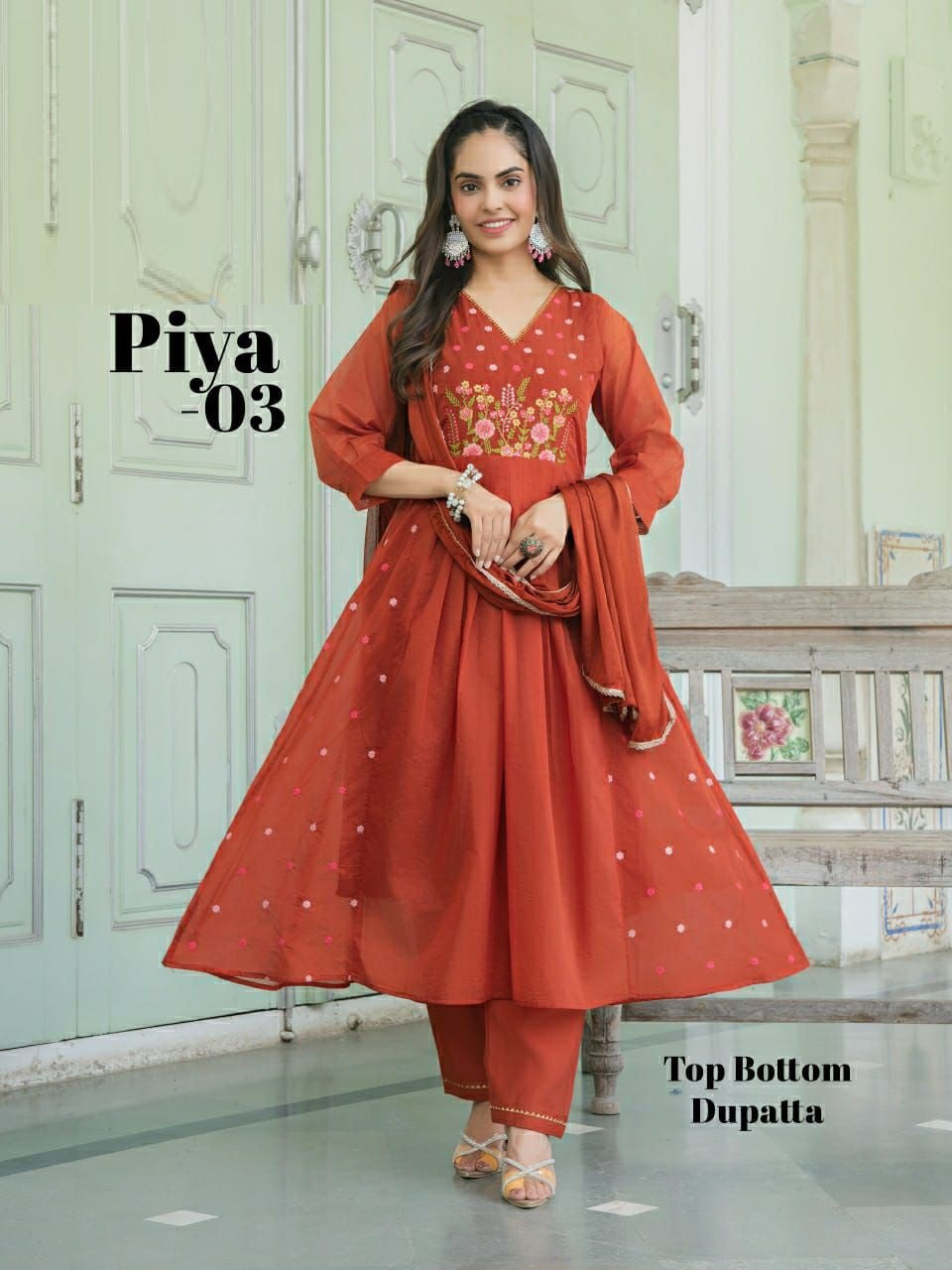 PIYA 3 Piece Anarkali Suit Set – Mul Chanderi Top with Chinon Dupatta - M.R. Saree Emporium