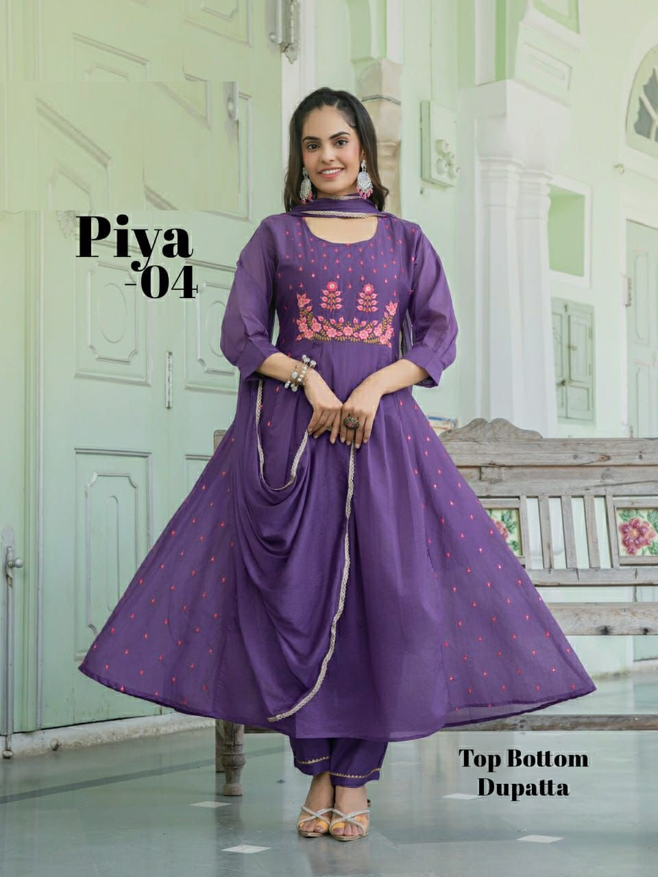 PIYA 3 Piece Anarkali Suit Set – Mul Chanderi Top with Chinon Dupatta - M.R. Saree Emporium