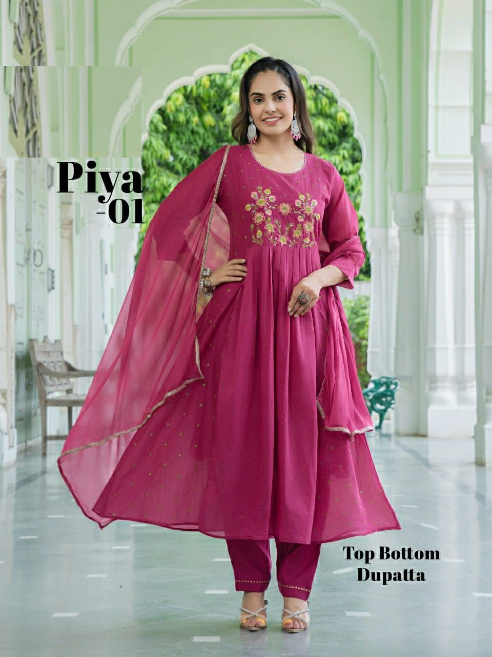 PIYA 3 Piece Anarkali Suit Set – Mul Chanderi Top with Chinon Dupatta - M.R. Saree Emporium