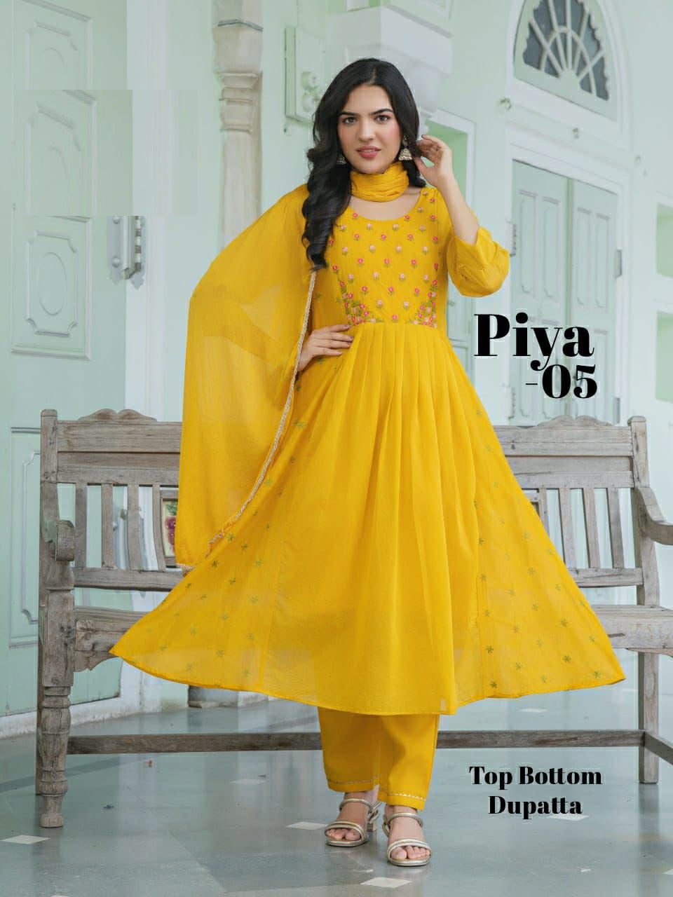 PIYA 3 Piece Anarkali Suit Set – Mul Chanderi Top with Chinon Dupatta - M.R. Saree Emporium