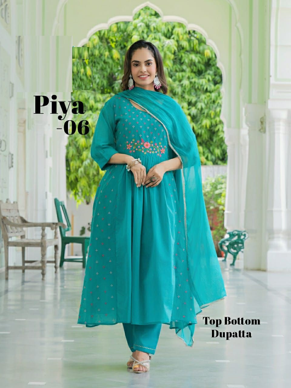 PIYA 3 Piece Anarkali Suit Set – Mul Chanderi Top with Chinon Dupatta - M.R. Saree Emporium