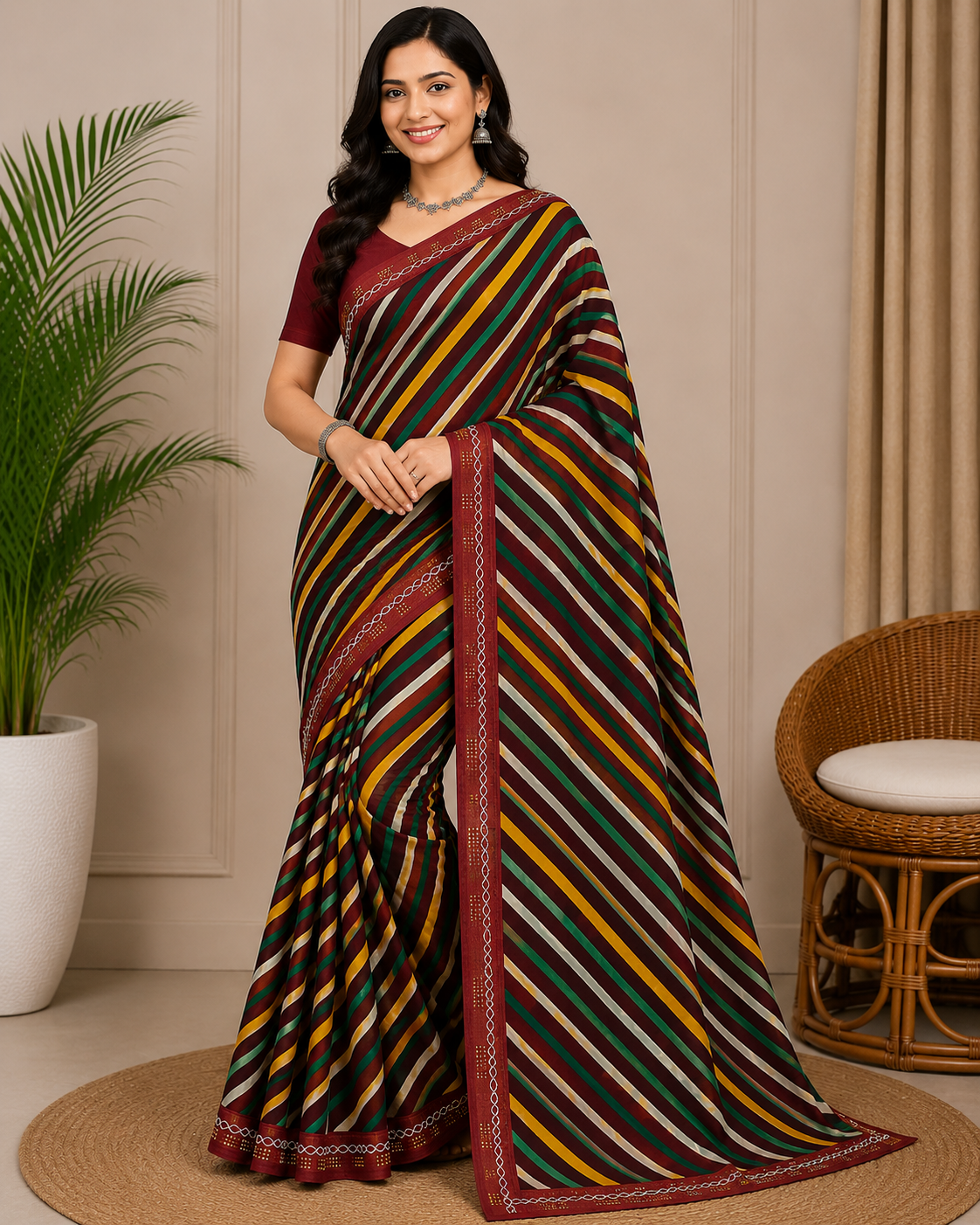 Latest Multicolor Bandhani Chiffon Saree - Designer Leheriya 6 Pcs Set