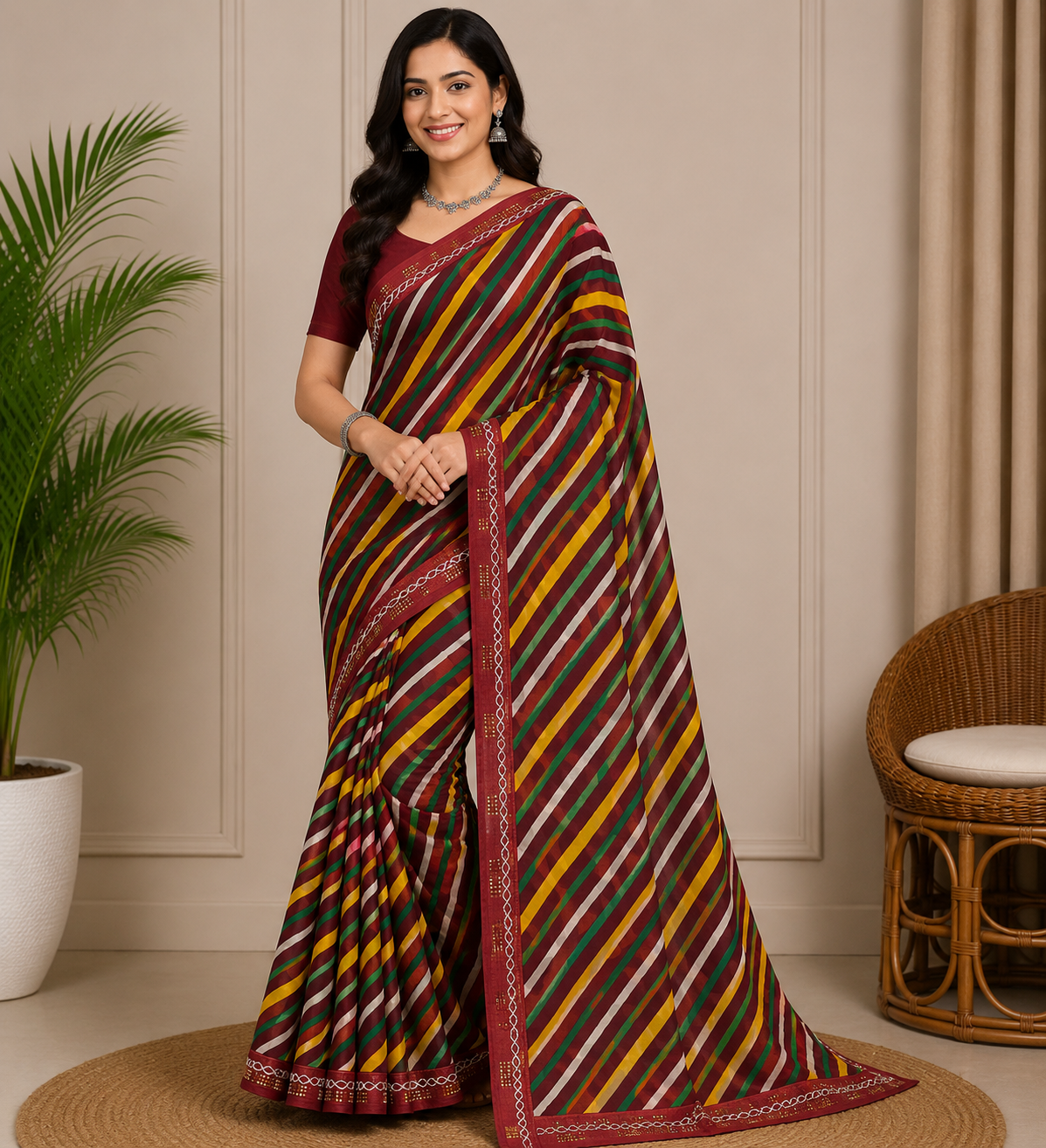 Latest Multicolor Bandhani Chiffon Saree - Designer Leheriya 6 Pcs Set