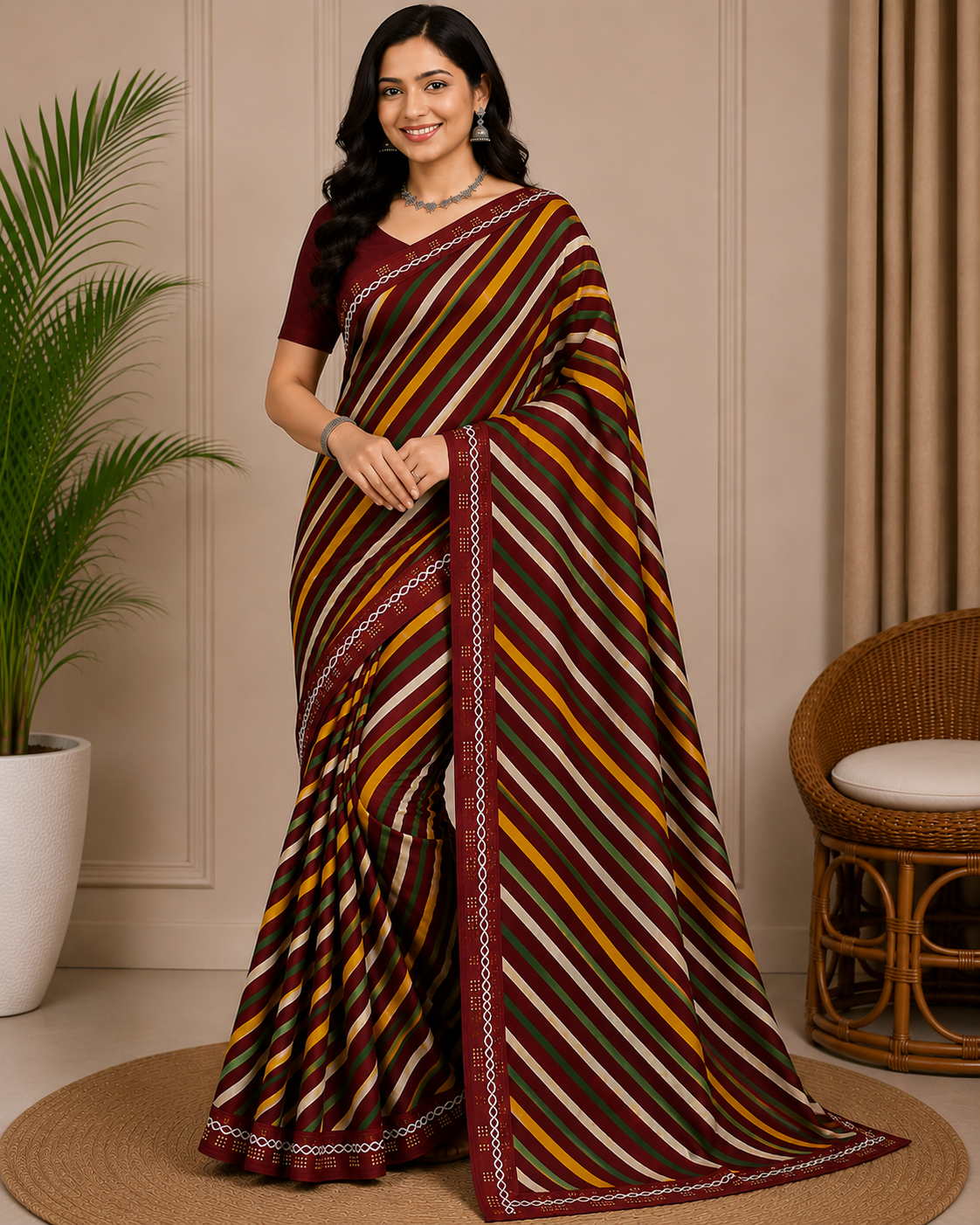 Latest Multicolor Bandhani Chiffon Saree - Designer Leheriya 6 Pcs Set