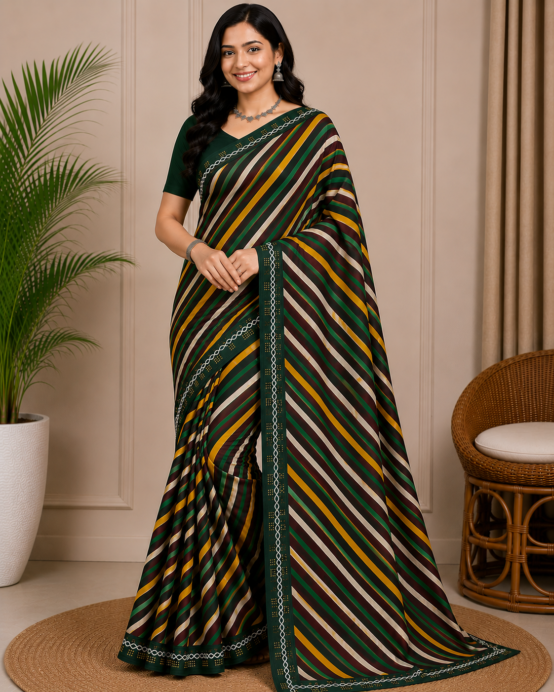 Latest Multicolor Bandhani Chiffon Saree - Designer Leheriya 6 Pcs Set