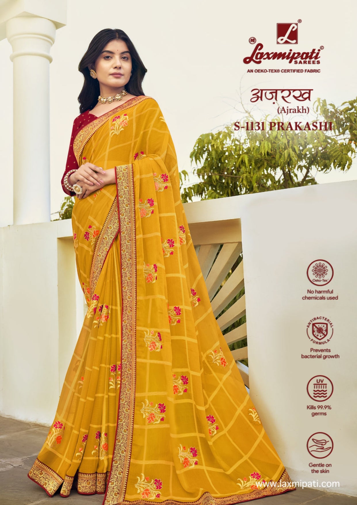 Laxmipati Ajrakh Print D.No S-1131 Mustard Yellow Chiffon Saree Prakashi with Traditional Border – Single Piece-M.R. Saree Emporium