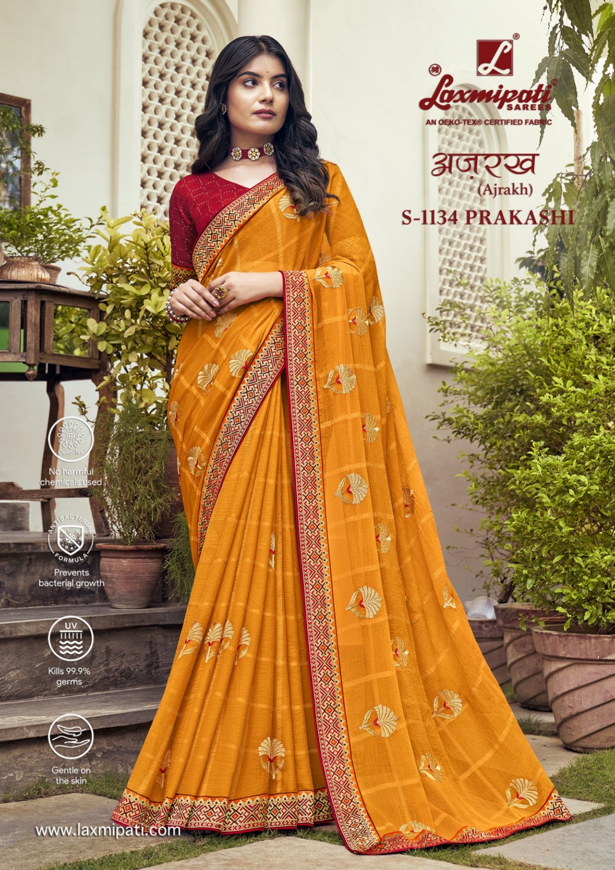 Laxmipati Ajrakh Print Chiffon Saree D.No S-1134 Prakashi (Mustard) – Single Piece-M.R. Saree Emporium