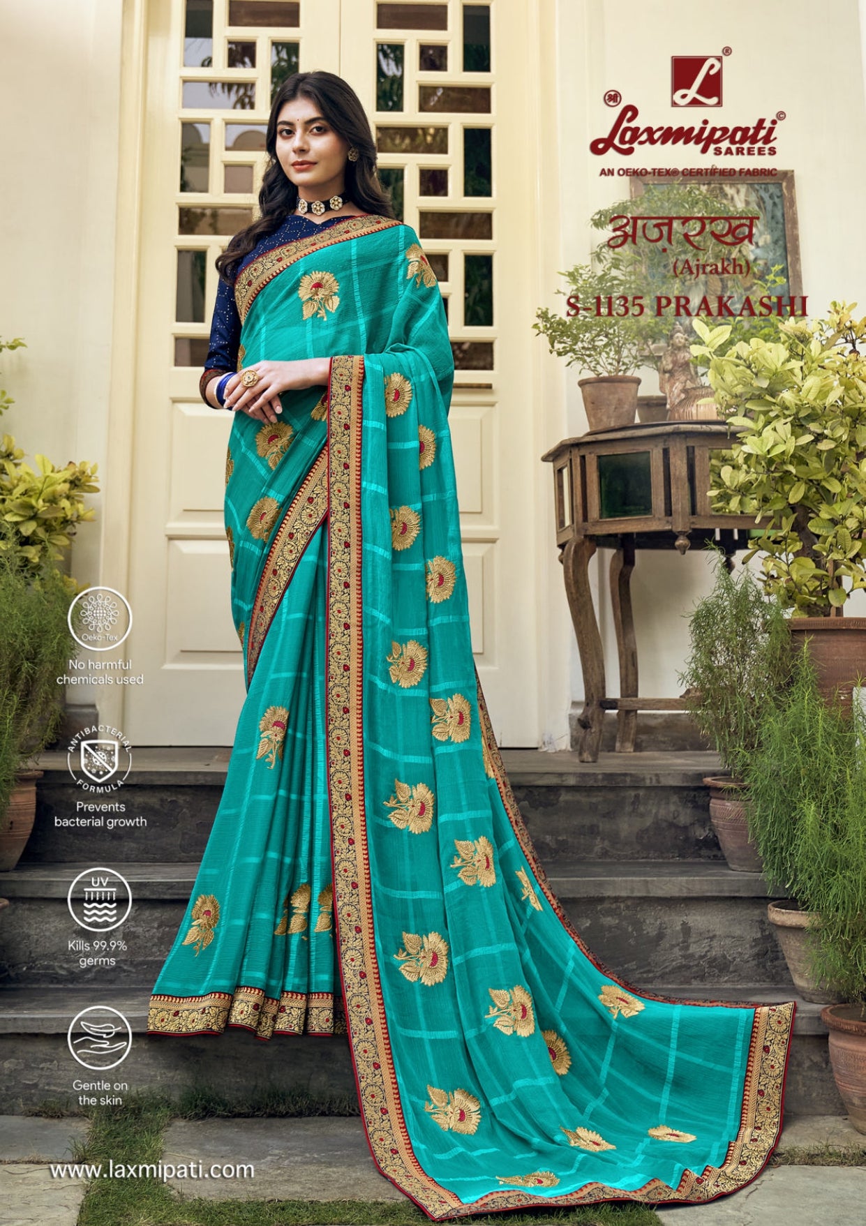 Laxmipati Ajrakh Print Chiffon Saree D.No S-1135 Prakashi (Teal Green) – Single Piece-M.R. Saree Emporium