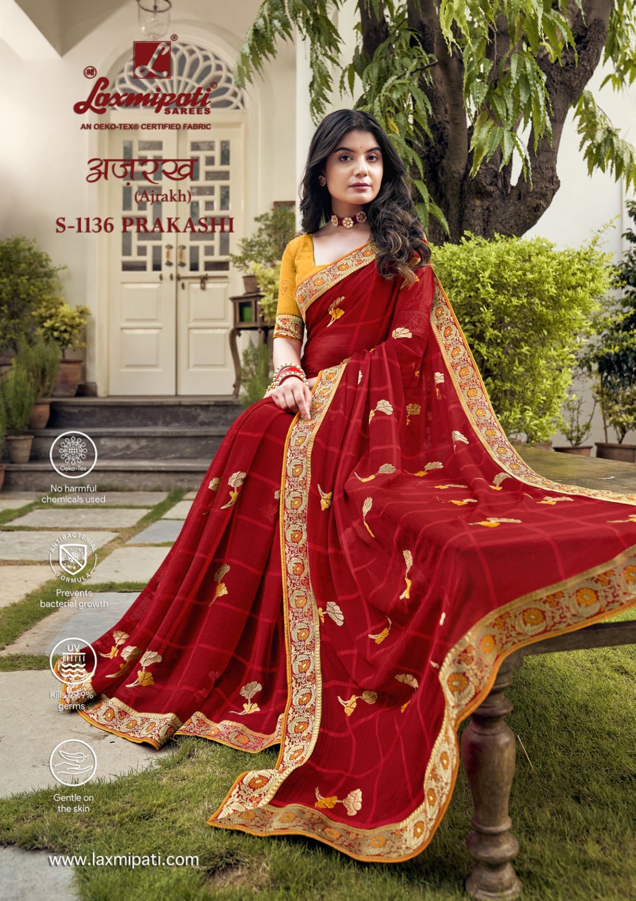 Laxmipati Ajrakh Print Chiffon Saree D.No S-1136 Prakashi (Red) – Single Piece-M.R. Saree Emporium