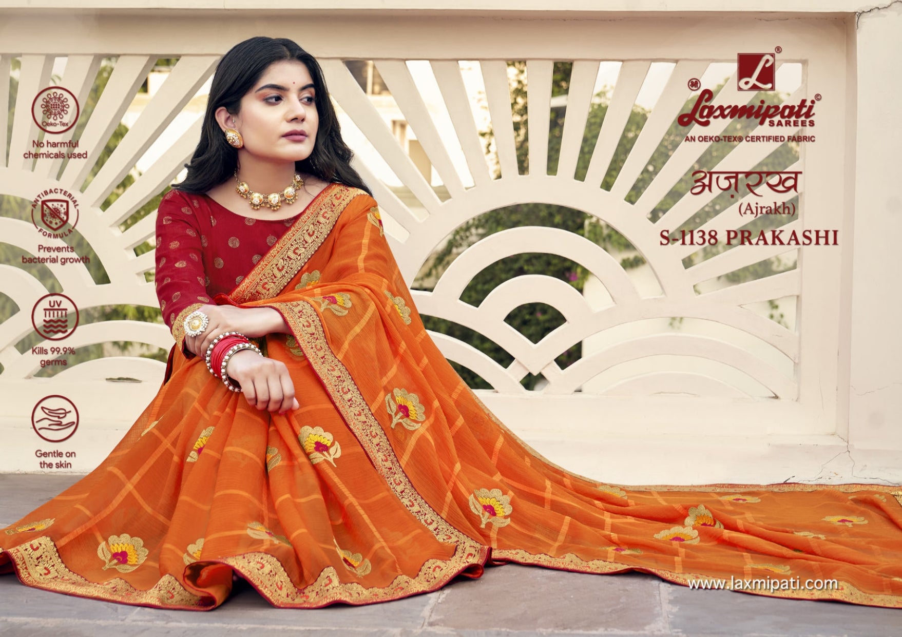 Laxmipati Ajrakh Print Chiffon Saree D.No S-1138 Prakashi (Orange) – Single Piece-M.R. Saree Emporium