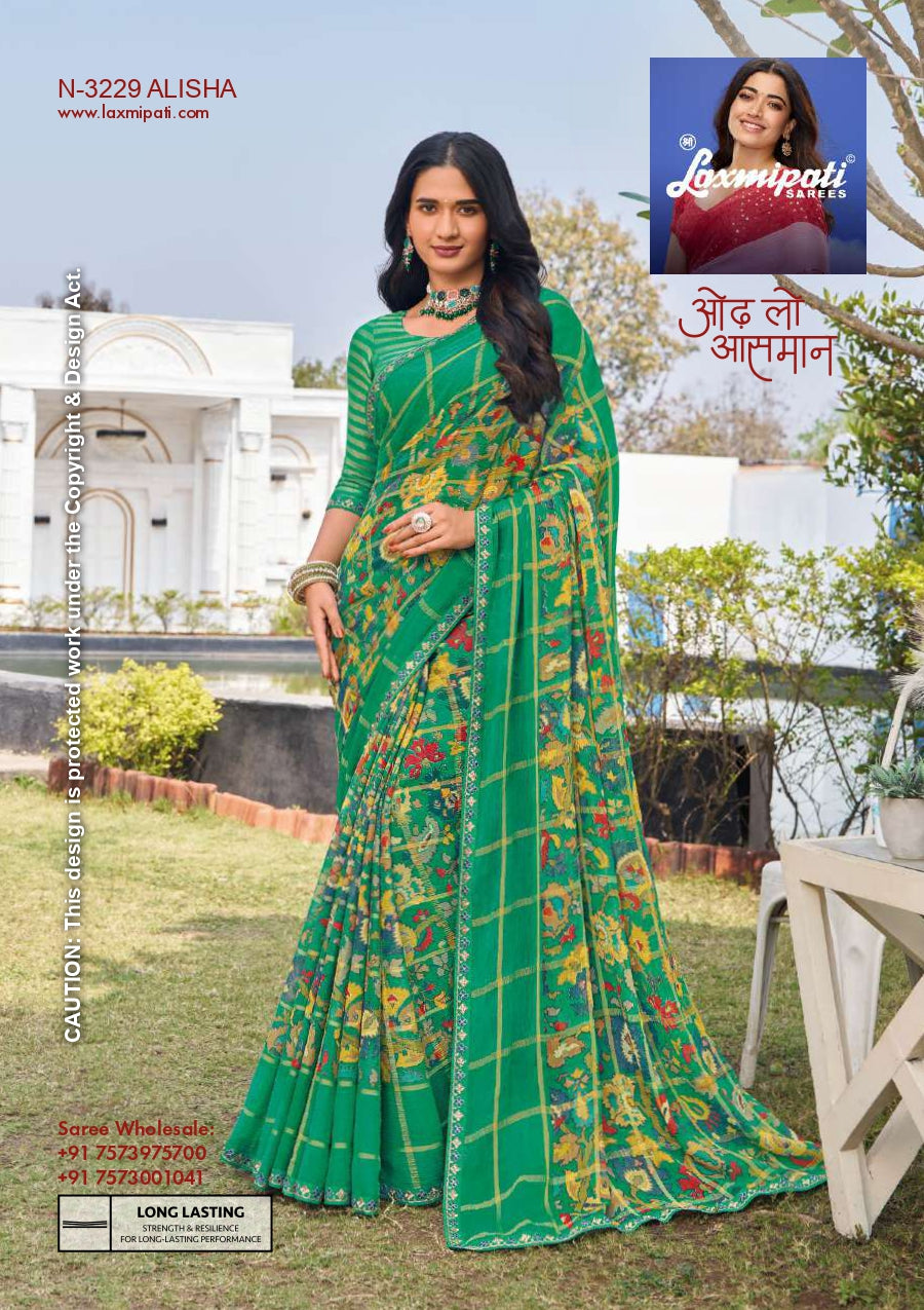 Laxmipati D.No-3229 Alisha Green Floral Printed Designer Saree with Unstitched Blouse – Single Piece-M.R. Saree Emporium