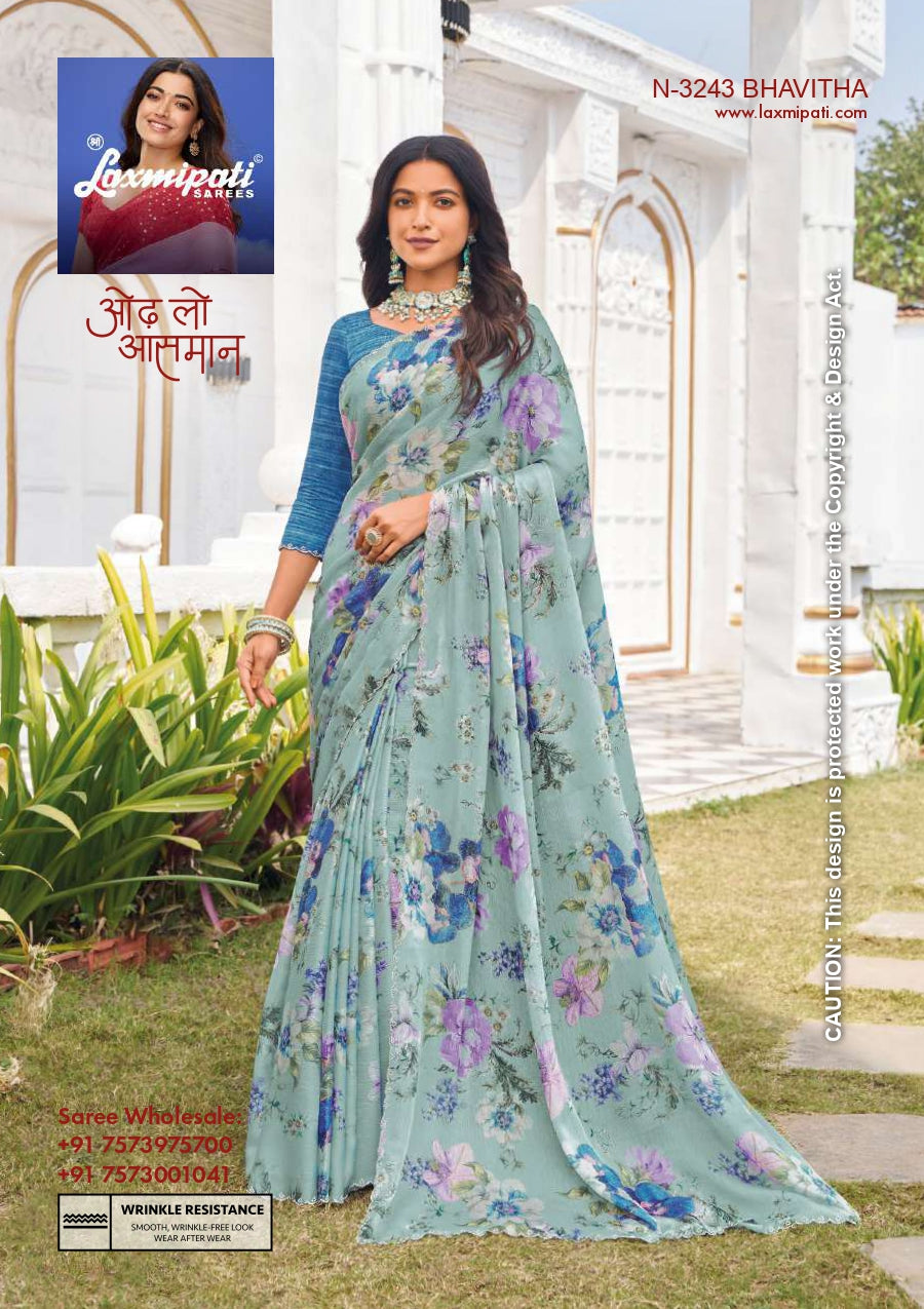 Laxmipati D.No-3243 Bhavitha Pastel Green Floral Digital Printed Designer Saree with Unstitched Blouse – Single Piece-M.R. Saree Emporium