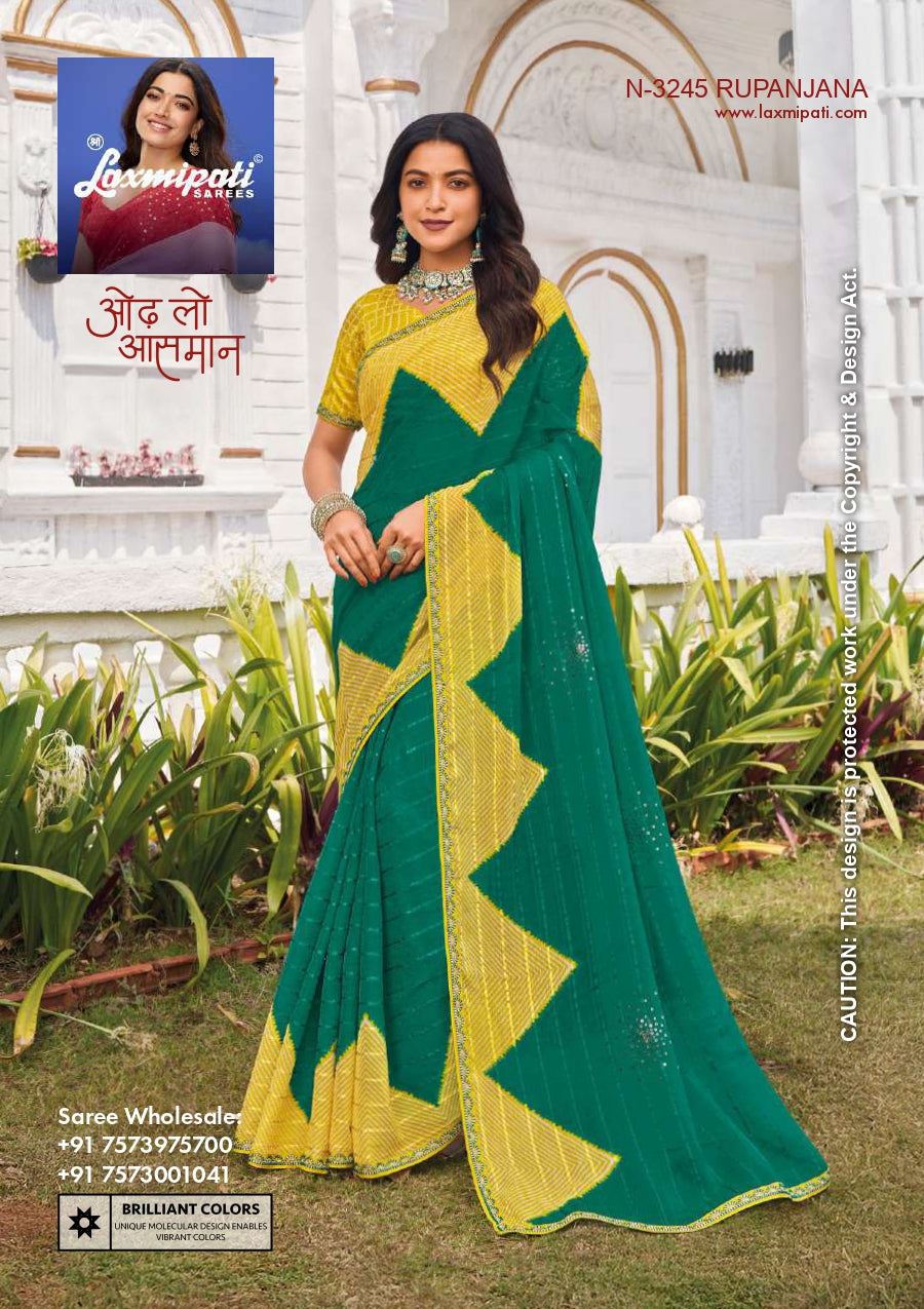 Laxmipati D.No-3245 Rupanjana Green Yellow Printed Designer Saree with Unstitched Blouse – Single Piece – M.R. Saree Emporium