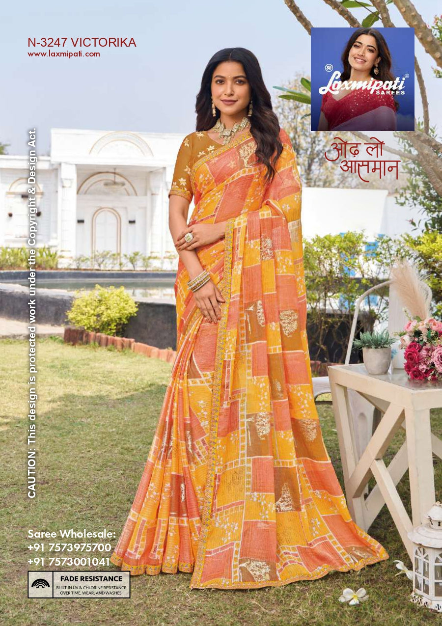 Laxmipati D.No-3247 Victorika Orange Yellow Printed Designer Saree with Unstitched Blouse – Single Piece – M.R. Saree Emporium