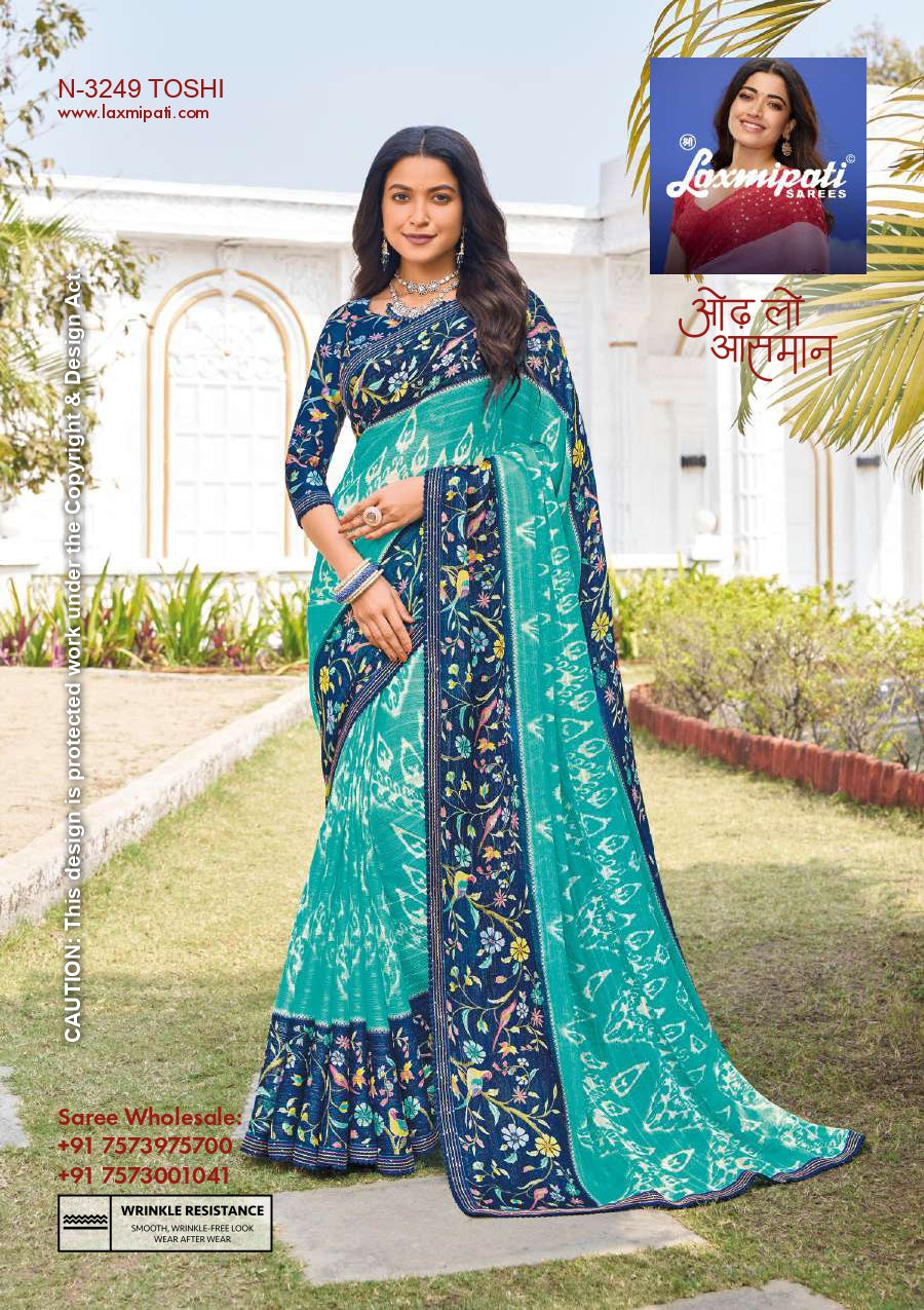 Laxmipati D.No-3249 Toshi Teal Blue Printed Designer Saree with Unstitched Blouse – Single Piece – M.R. Saree Emporium