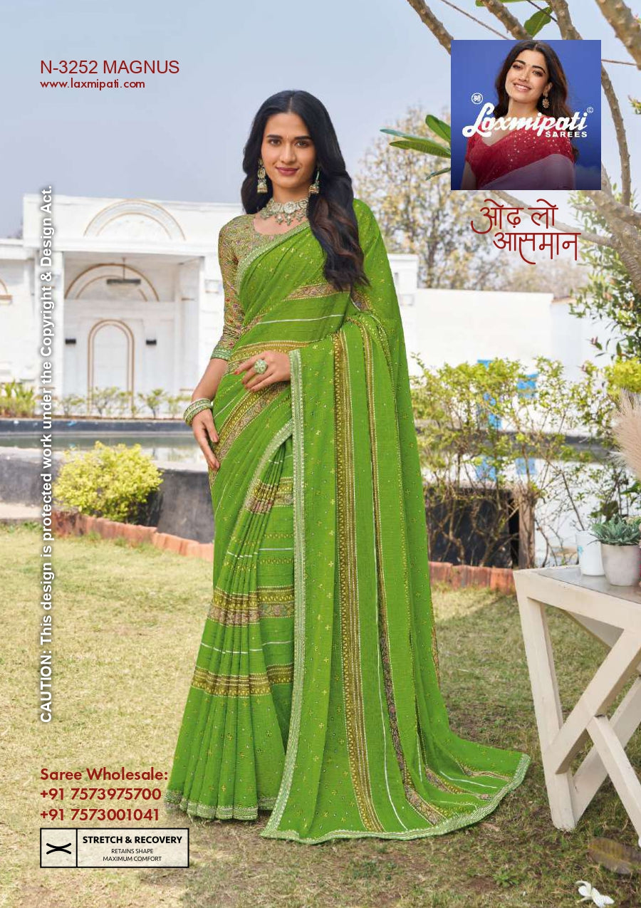 Laxmipati D.No-3252 Magnus Green Printed Designer Saree with Unstitched Blouse – Single Piece – M.R. Saree Emporium