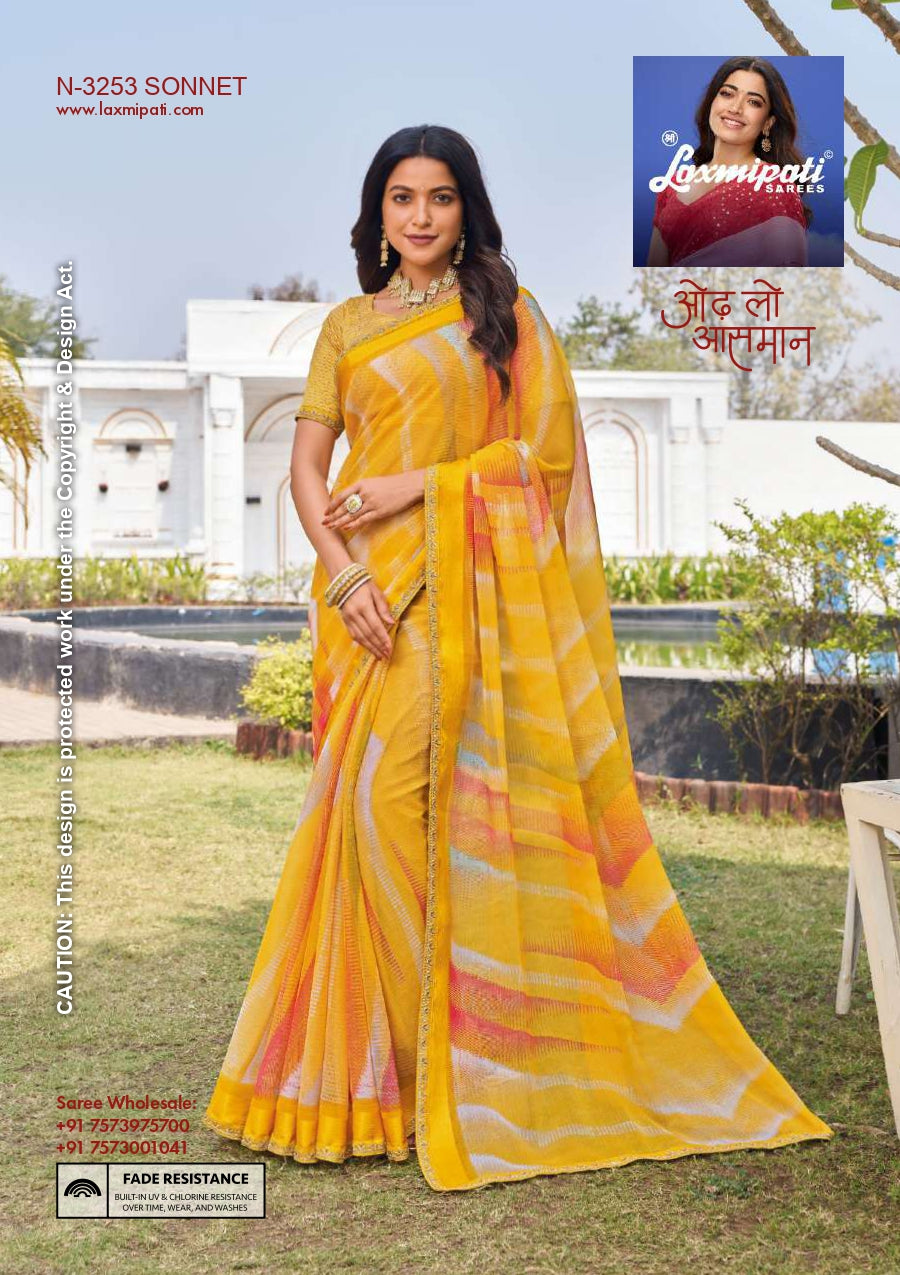 Laxmipati D.No-3253 Sonnet Yellow Multicolor Printed Designer Saree with Unstitched Blouse – Single Piece – M.R. Saree Emporium