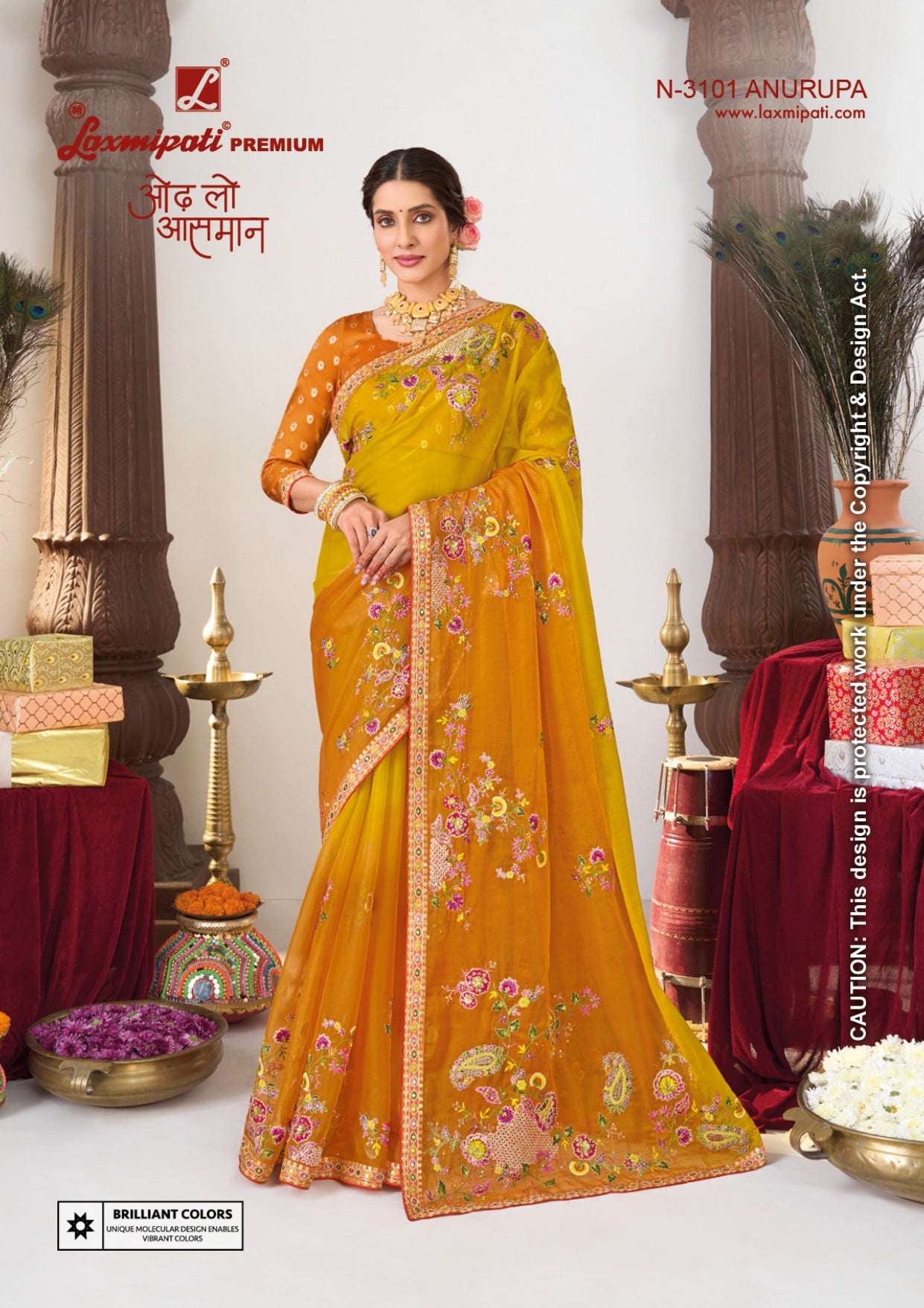 Laxmipati Sanskriti D.No-3101 Anurupa Yellow Orange Floral Embroidery Designer Saree – Single Pcs-M.R. Saree Emporium