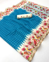 Leena Linen Saree - Soft Linen Saree with Zari Border & Designer Bird Print - M.R. Saree Emporium
