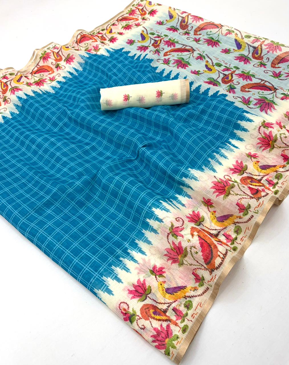 Leena Linen Saree - Soft Linen Saree with Zari Border & Designer Bird Print - M.R. Saree Emporium
