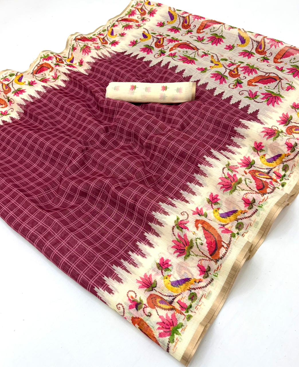 Leena Linen Saree - Soft Linen Saree with Zari Border & Designer Bird Print - M.R. Saree Emporium
