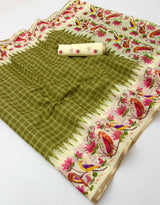Leena Linen Saree - Soft Linen Saree with Zari Border & Designer Bird Print - M.R. Saree Emporium