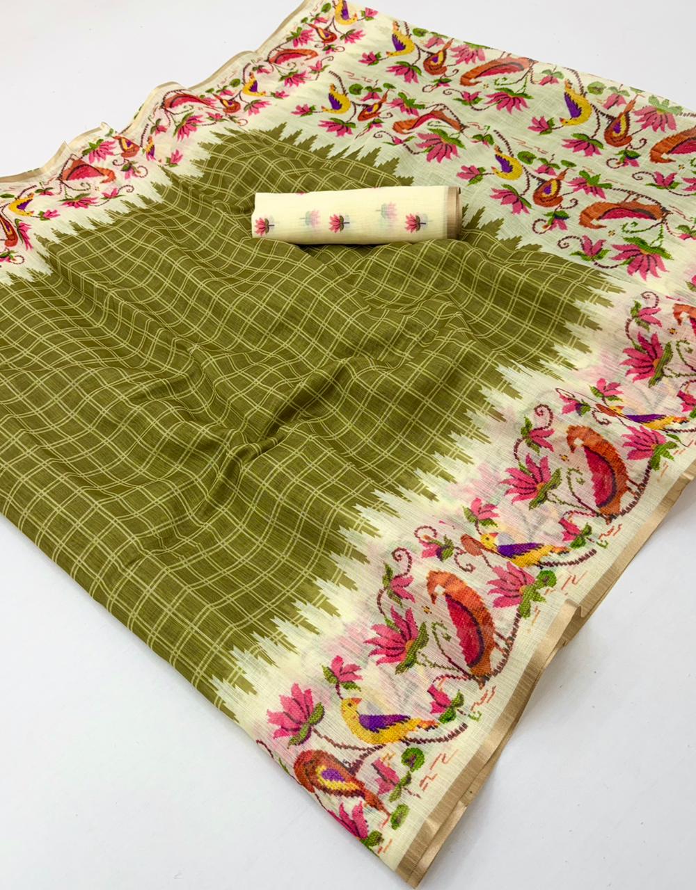 Leena Linen Saree - Soft Linen Saree with Zari Border & Designer Bird Print - M.R. Saree Emporium