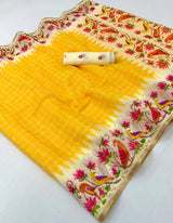 Leena Linen Saree - Soft Linen Saree with Zari Border & Designer Bird Print - M.R. Saree Emporium