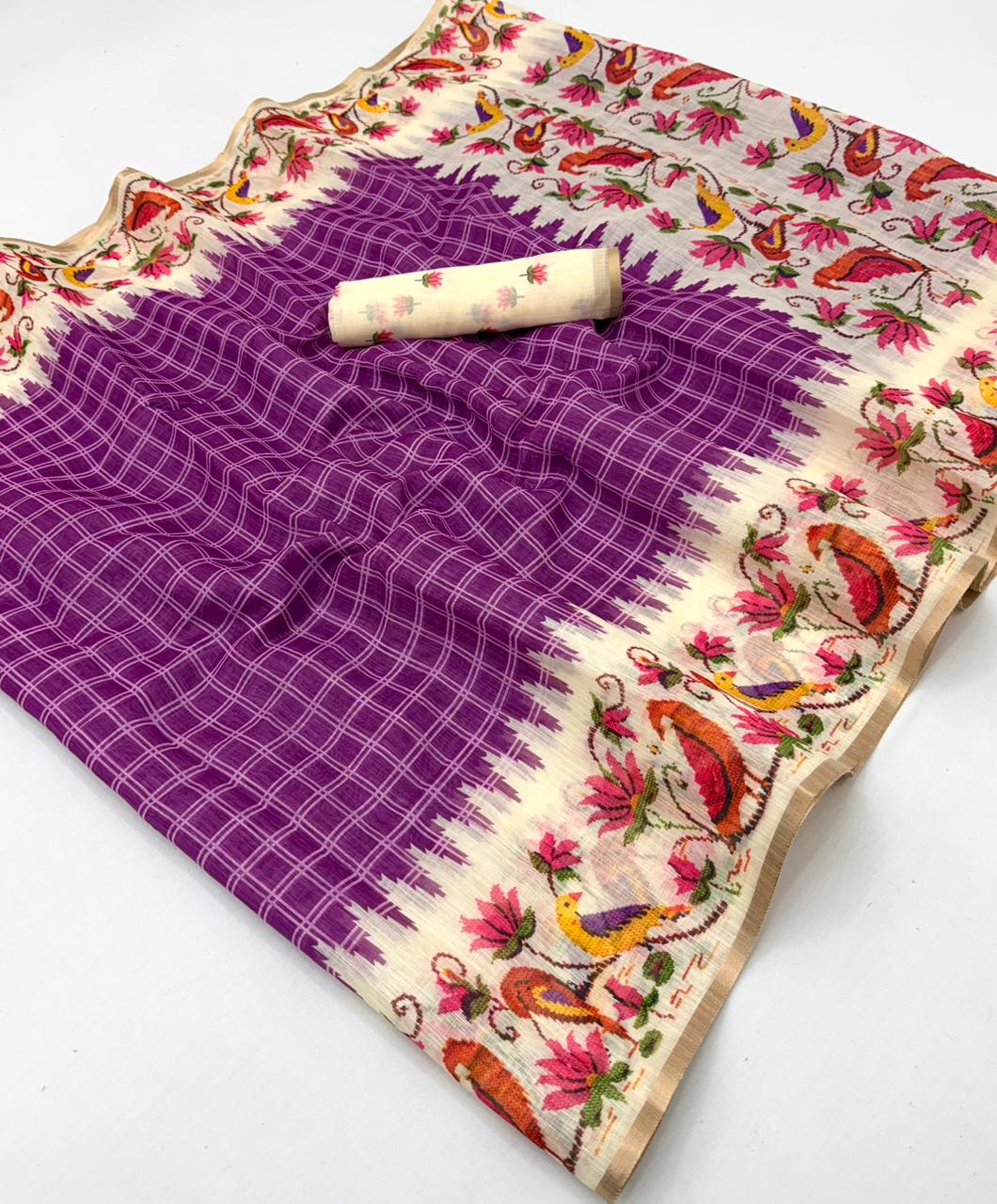 Leena Linen Saree - Soft Linen Saree with Zari Border & Designer Bird Print - M.R. Saree Emporium