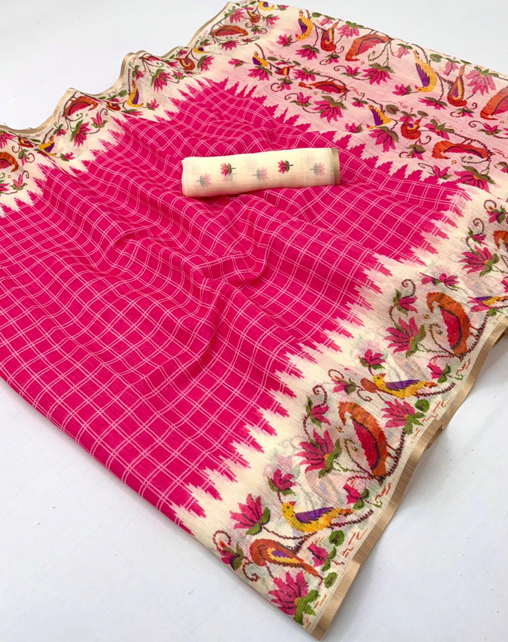 Leena Linen Saree - Soft Linen Saree with Zari Border & Designer Bird Print - M.R. Saree Emporium