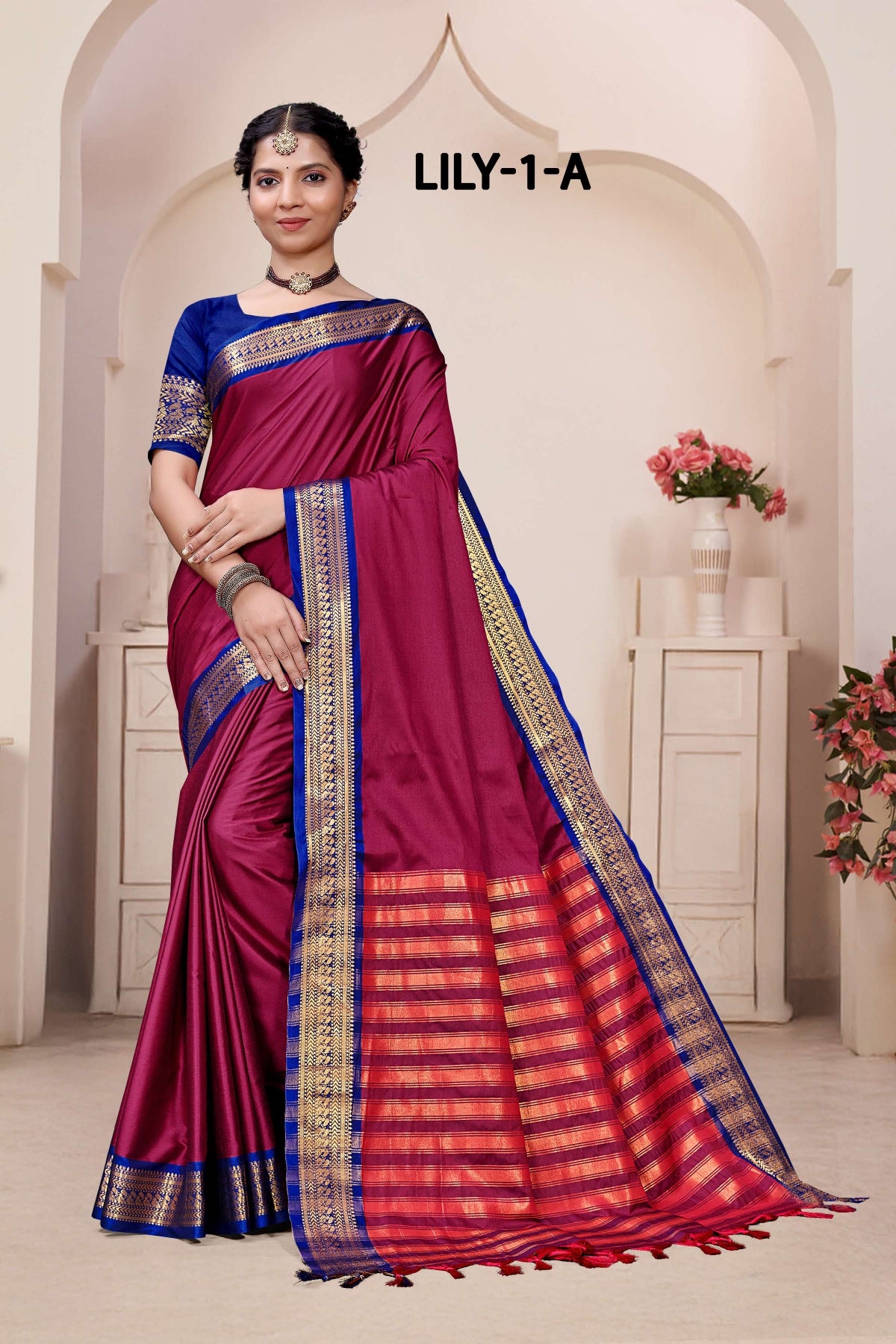 Lily -1-A Cotton Silk Saree with Rich Zari Border-16 Pcs Set-M.R. Saree Emporium