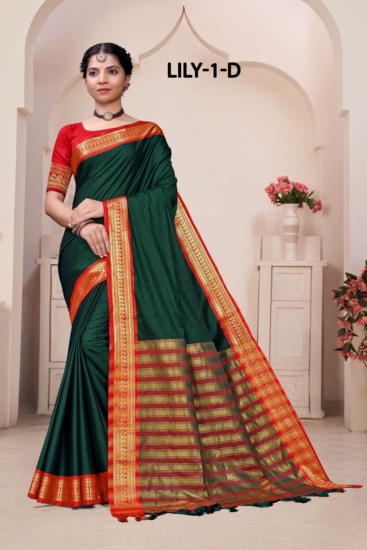 Lily -1-A Cotton Silk Saree with Rich Zari Border-16 Pcs Set-M.R. Saree Emporium