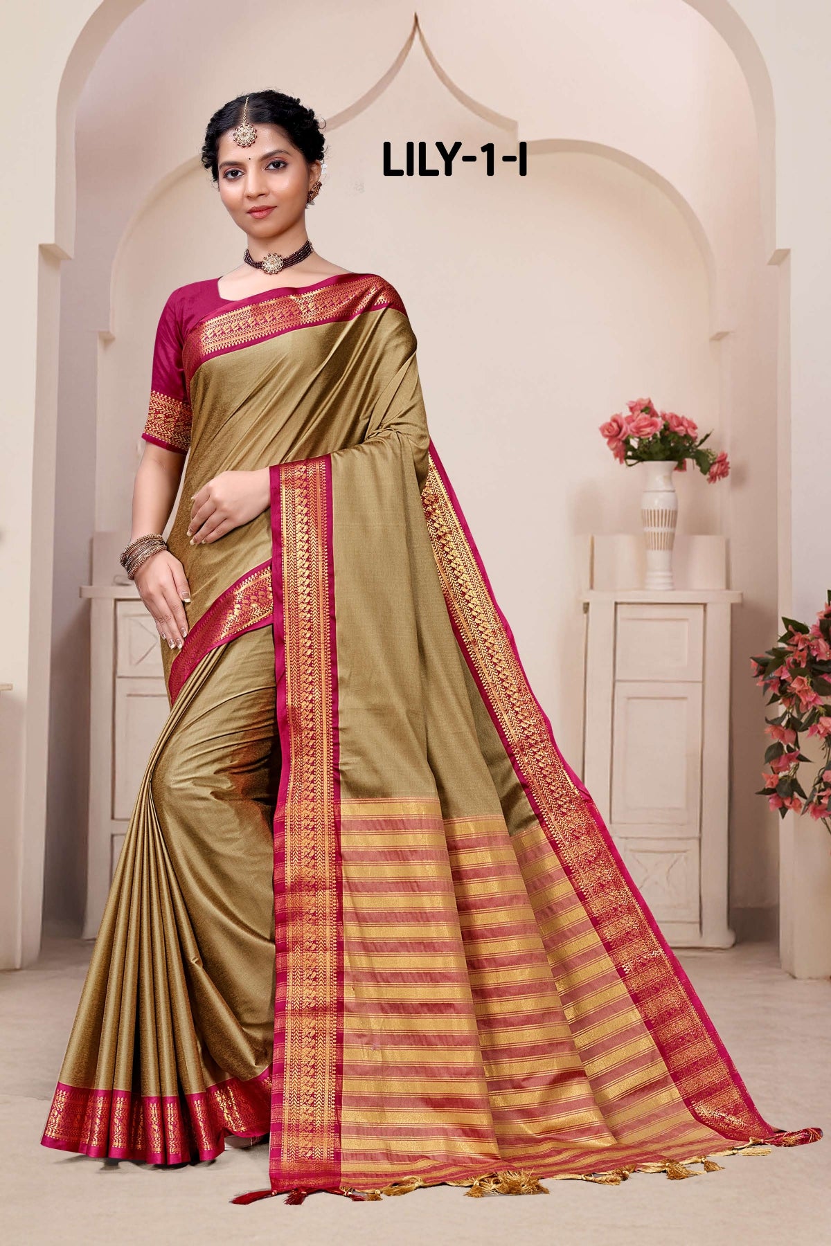 Lily -1-A Cotton Silk Saree with Rich Zari Border-16 Pcs Set-M.R. Saree Emporium