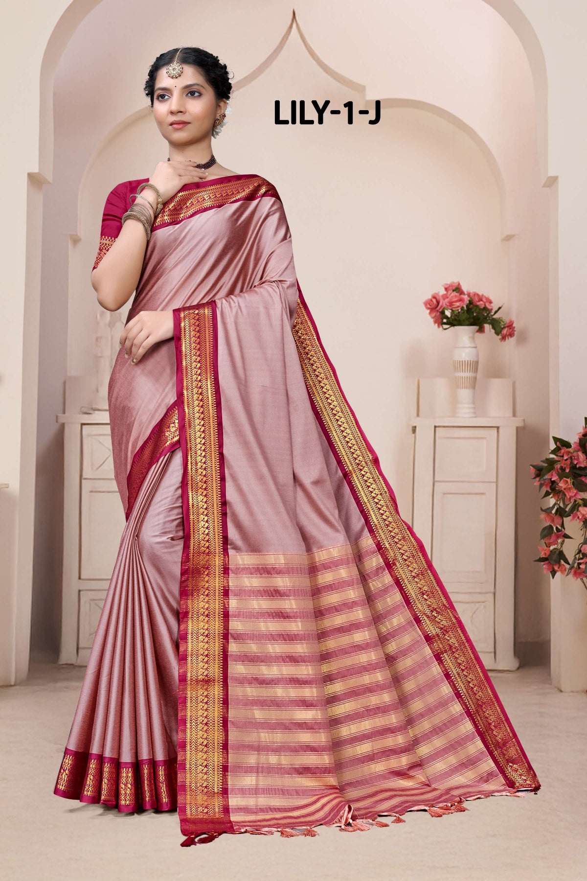 Lily -1-A Cotton Silk Saree with Rich Zari Border-16 Pcs Set-M.R. Saree Emporium