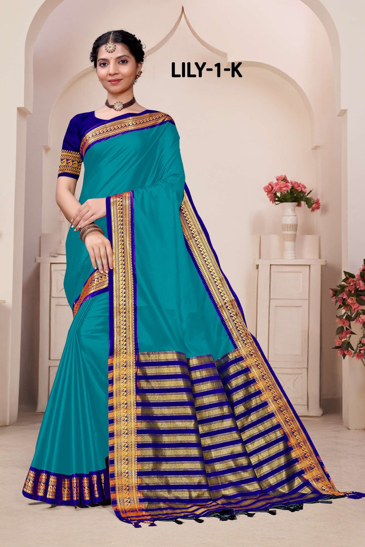 Lily -1-A Cotton Silk Saree with Rich Zari Border-16 Pcs Set-M.R. Saree Emporium